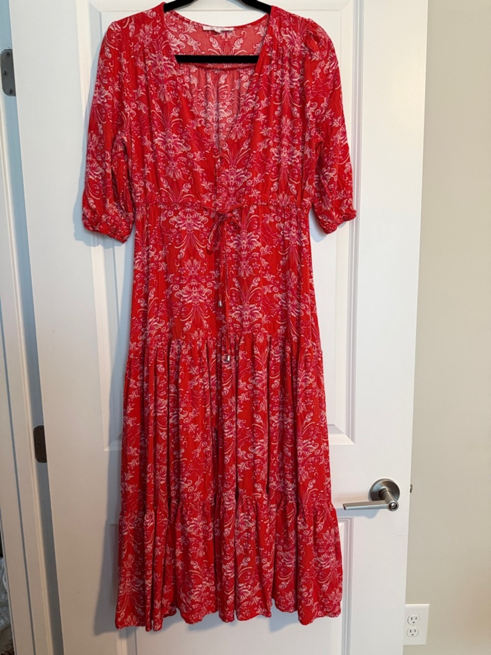 Red Floral V-Neck Maxi Dress with Drawstring Waist